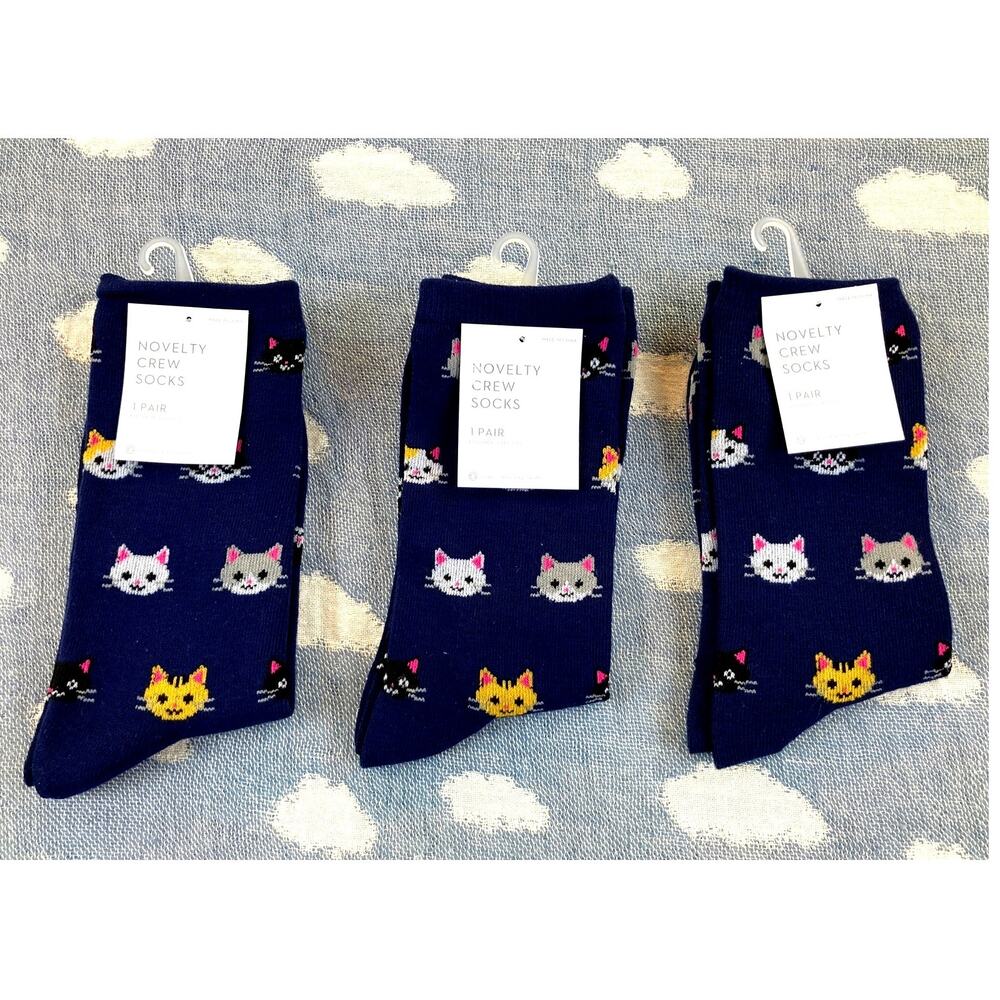 Socks Crew Cats Kittens Kitties Faces 3 Pair Blue Multi NWT
